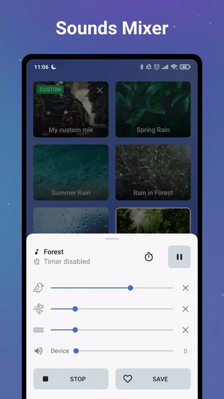 Adjust the volume of sounds and noises as desired in Sleep Sounds White Noise MOD APK