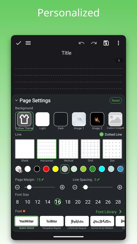 Customize font, background, note page size in YesWriter MOD APK