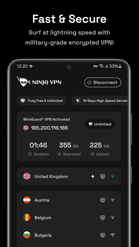 Monitor upload and download metrics while connecting to the server in Ninja VPN MOD APK