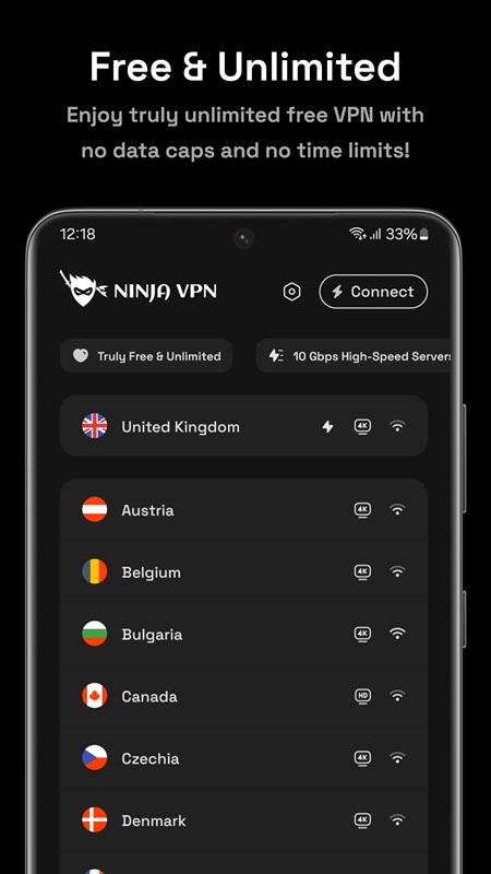 Choose your VPN server according to your needs in Ninja VPN MOD APK