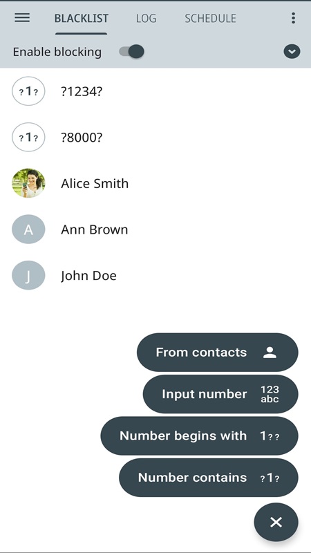 Add contacts, phone numbers, or annoying numbers to the blacklist in Calls Blacklist MOD APK