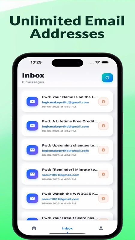 Unlimited email addresses when creating temporary mail in TemBox MOD APK