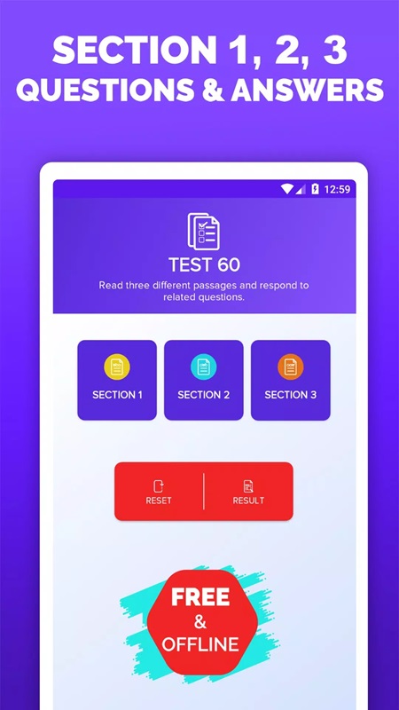Các bài kiểm tra đọc đầy đủ ba phần như đề thi thật trong IELTS Reading Tests MOD APK