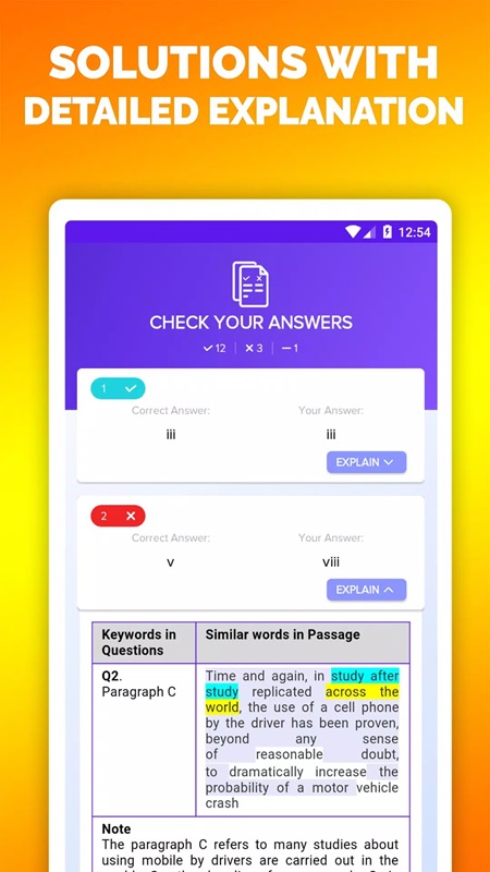 Giải thích các bài tập một cách chi tiết và rõ ràng nhất trong IELTS Reading Tests MOD APK