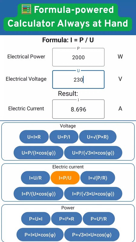 Many formulas can be applied to calculate important parameters in Electrician Handbook & Wiring MOD APK