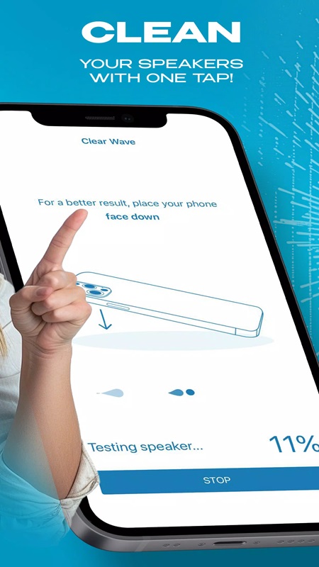 Place your phone face down when removing dirt and grime for better results in Clear Wave MOD APK