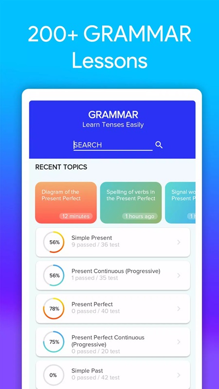 A variety of grammar lessons and many practice topics in English Grammar MOD APK