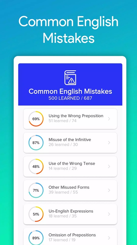 Explore and learn more common grammar mistakes in English Grammar MOD APK