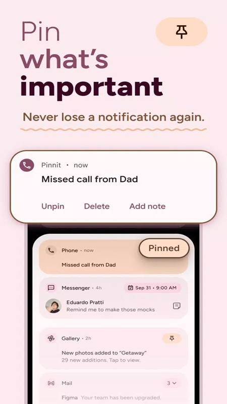 Pin important notifications to a priority position in Pinnit MOD APK