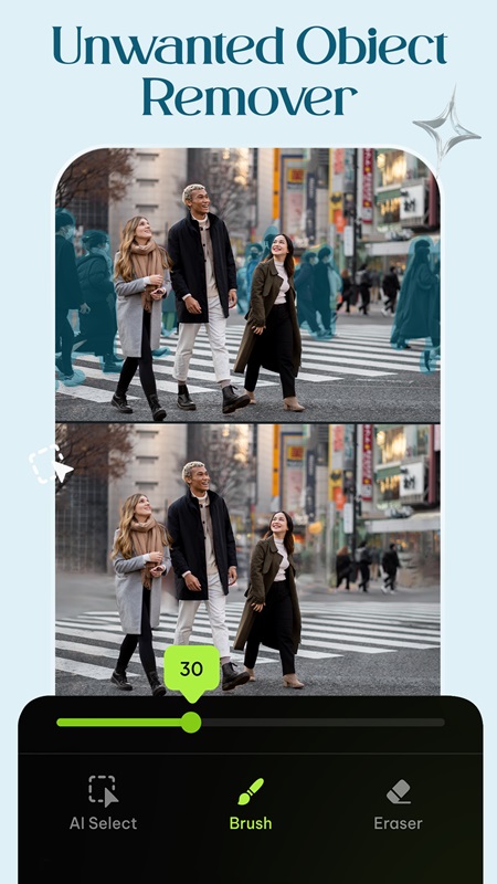 Remove unnecessary details from photos in AI Photo Editor MOD APK