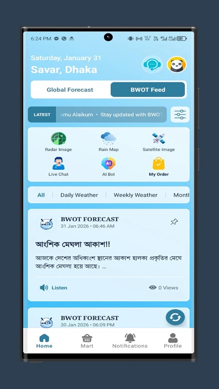 Many options for quickly monitoring the weather in BWOT Weather Forecast & Radar MOD APK