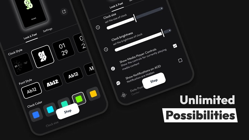 Customize the clock's color and size in AOD Flow MOD APK.