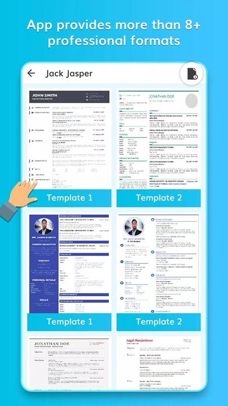 A variety of CV templates for you to choose from in CV: Professional Resume Maker MOD APK