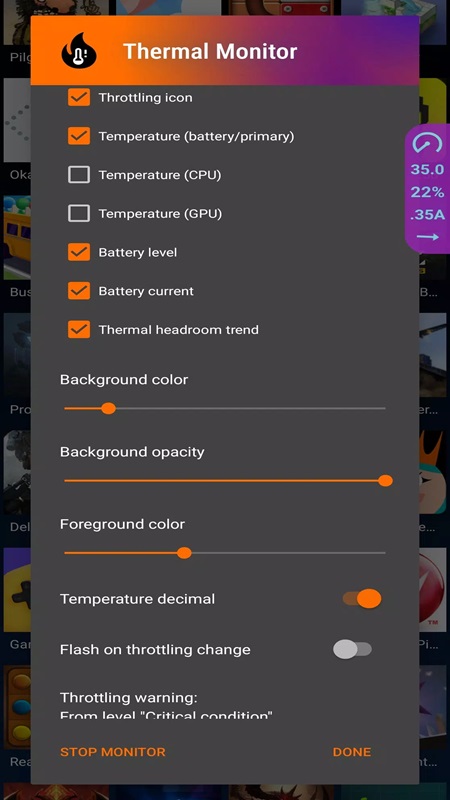 Customize widgets, background colors and some other display elements in Thermal Monitor MOD APK