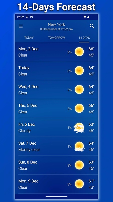 Update weather information with the last 14 days in Weather Clear Skies MOD APK