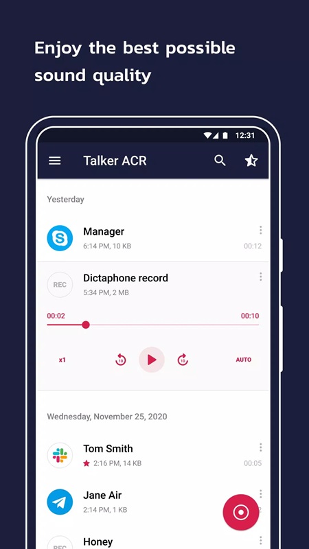 Easily review previous recordings in Talker ACR MOD APK