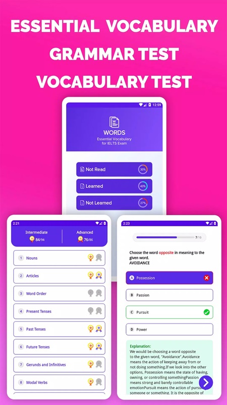 Possess more necessary vocabulary and grammar IELTS Reading Tests MOD APK