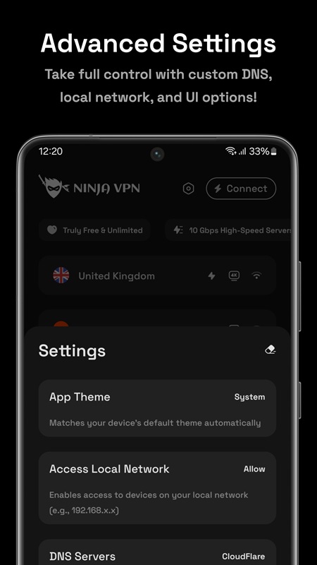 Customize the display interface in Ninja VPN MOD APK