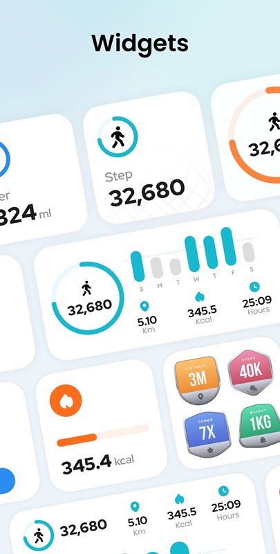 Arrange widgets according to the tracking process in Pedometer App MOD APK 