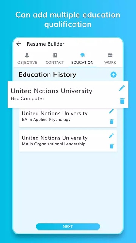 Easily manage and customize education list in CV: Professional Resume Maker MOD APK