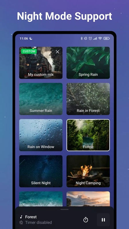 Customize the display interface to dark theme in Sleep Sounds White Noise MOD APK