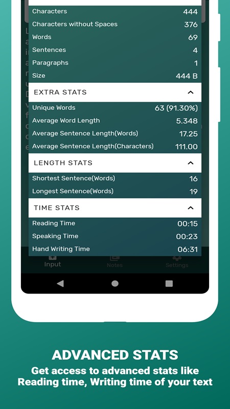 Track key metrics through statistical reports in Word Counter MOD APK