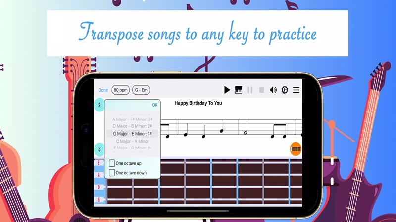 Freely transpose songs to different keys for practice in Easy Note: learn music MOD APK