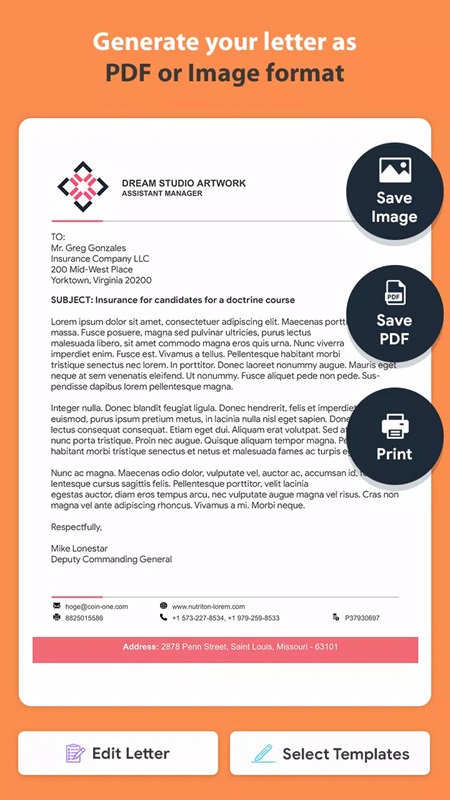 Save, save, and share letters as PDFs in Professional Letterhead Maker MOD APK