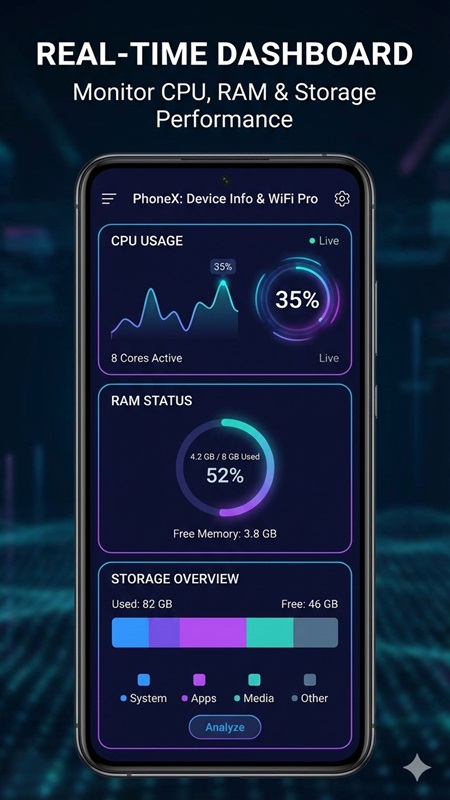 Monitor your mobile device's RAM and CPU metrics in PhoneX MOD APK