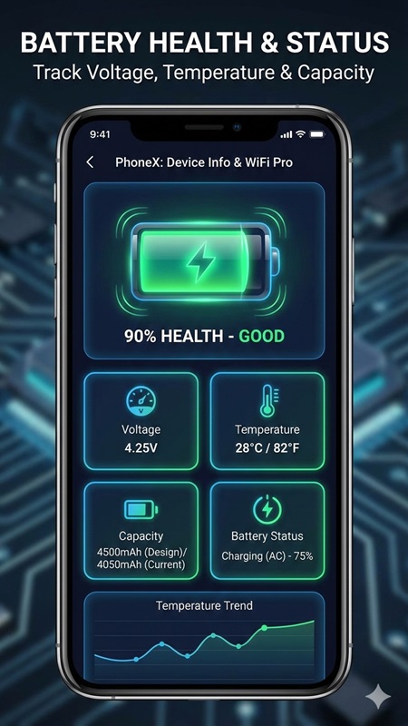 Perform a battery status check and other key indicators in PhoneX MOD APK