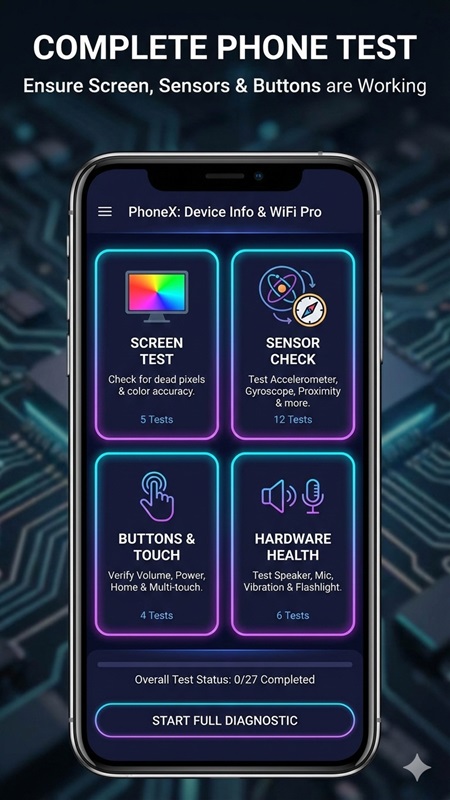 Check the functionality of the hardware on your mobile device in PhoneX MOD APK