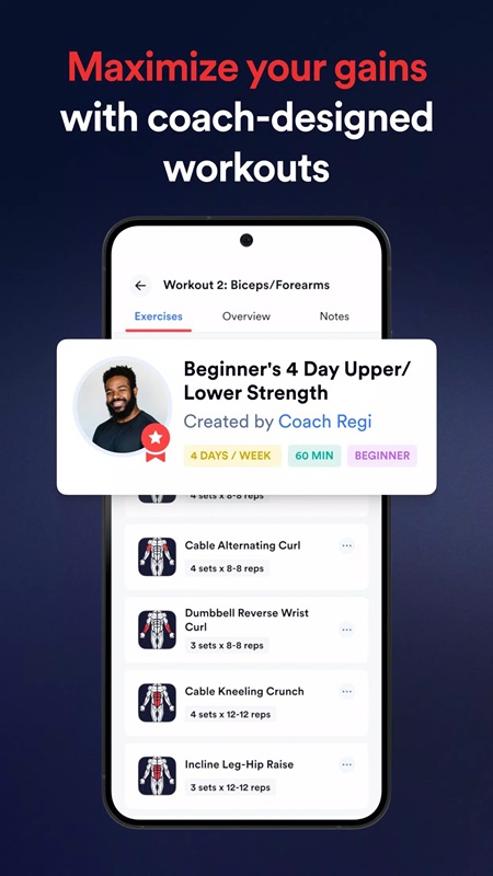 A variety of exercises are designed by experts in Caliber Strength Training MOD APK