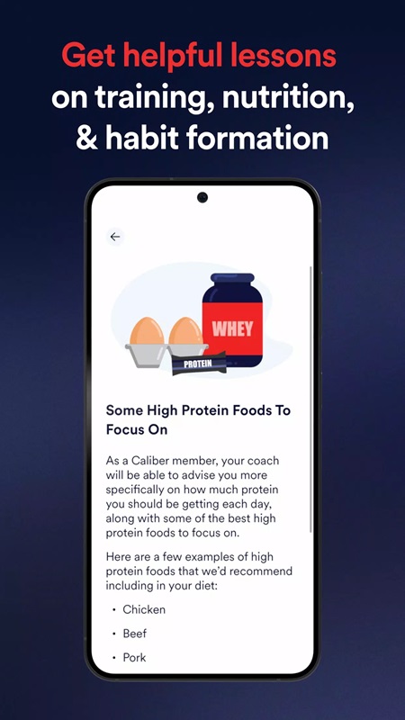 Select and learn about nutrition lessons in Caliber Strength Training MOD APK