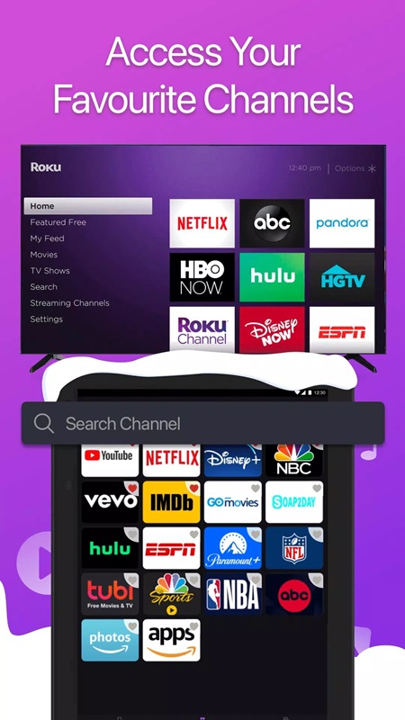 Easily access and search your favorite channels in Remote for Roku MOD APK