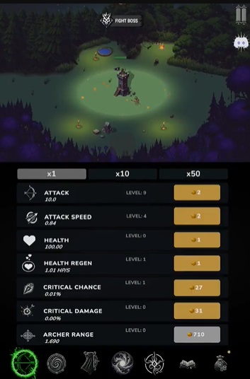 Use gold coins to upgrade stats in Whispers of the Forest MOD APK