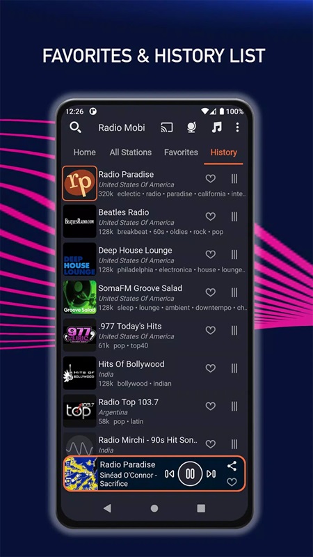Manage and organize radio stations in history and favorites in Radio Mobi MOD APK