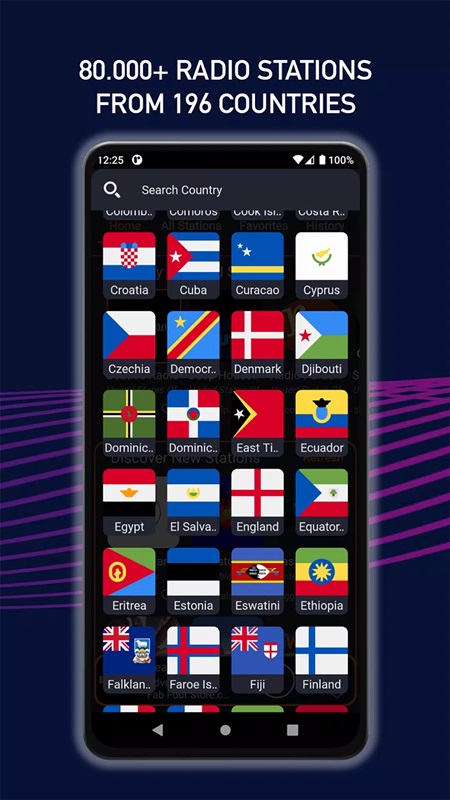 Choose from radio stations from 196 countries around the world in Radio Mobi MOD APK