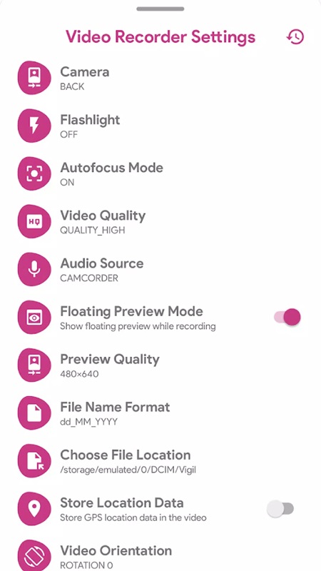 Customize the settings to optimize the video recording process in Vigil MOD APK